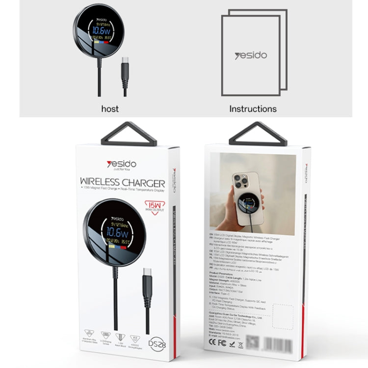 Yesido DS28 15W Smart Digital Display Magnetic Wireless Charger, Length:1.2m(Black)
