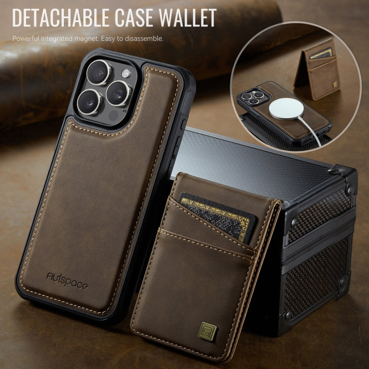 For iPhone 15 Pro Max AutSpace A12 MagSafe Magnetic RFID Card Bag Phone Case(Coffee)
