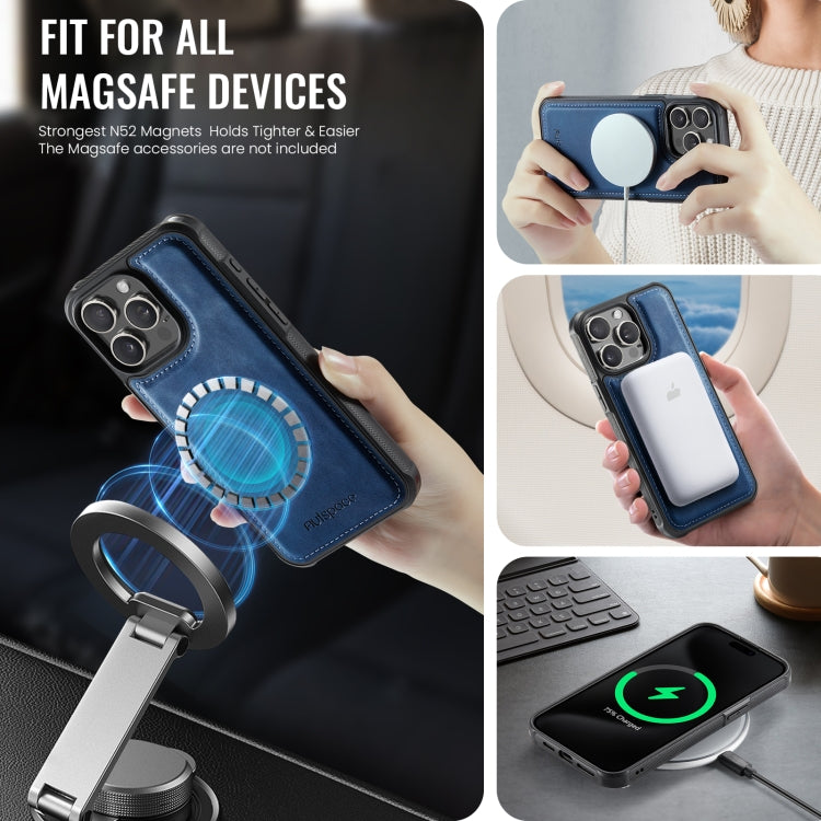 For iPhone 15 Pro AutSpace A12 MagSafe Magnetic RFID Card Bag Phone Case(Blue)