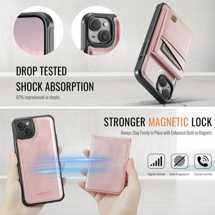 For iPhone 15 Plus AutSpace A12 MagSafe Magnetic RFID Card Bag Phone Case(Rose Gold)