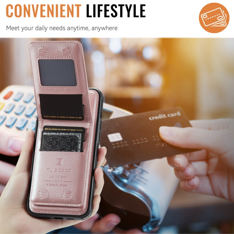 For iPhone 15 Plus AutSpace A12 MagSafe Magnetic RFID Card Bag Phone Case(Rose Gold)