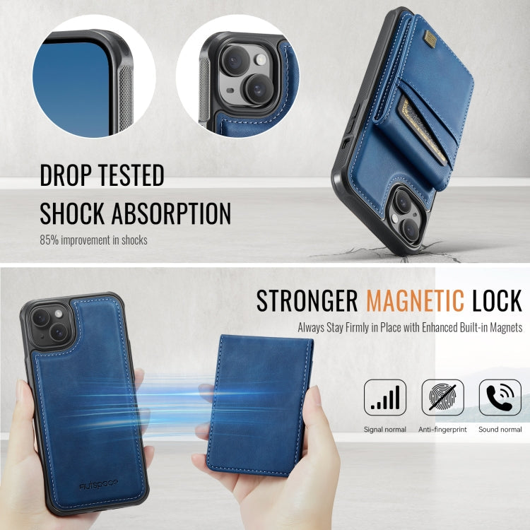 For iPhone 15 Plus AutSpace A12 MagSafe Magnetic RFID Card Bag Phone Case(Blue)