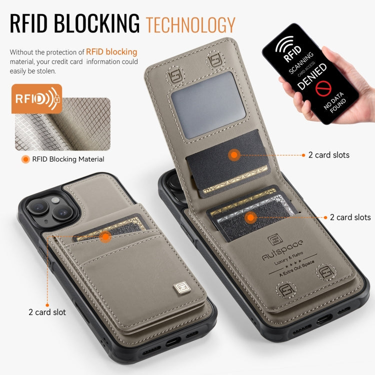 For iPhone 15 Plus AutSpace A12 MagSafe Magnetic RFID Card Bag Phone Case(Khaki)