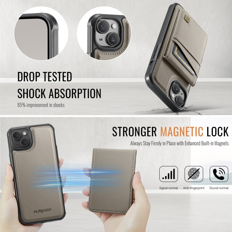 For iPhone 15 AutSpace A12 MagSafe Magnetic RFID Card Bag Phone Case(Khaki)