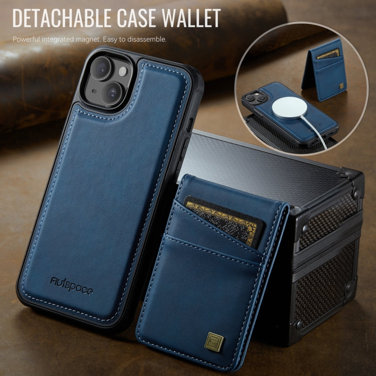 For iPhone 14 Plus AutSpace A12 MagSafe Magnetic RFID Card Bag Phone Case(Blue)