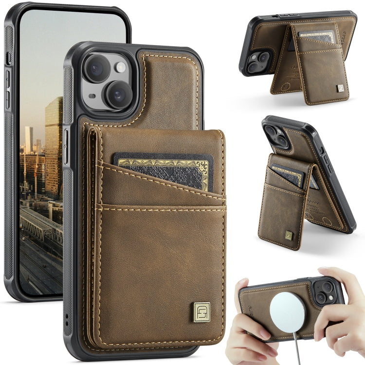 For iPhone 14 Plus AutSpace A12 MagSafe Magnetic RFID Card Bag Phone Case(Coffee)