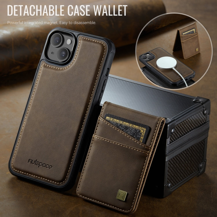For iPhone 14 Plus AutSpace A12 MagSafe Magnetic RFID Card Bag Phone Case(Coffee)