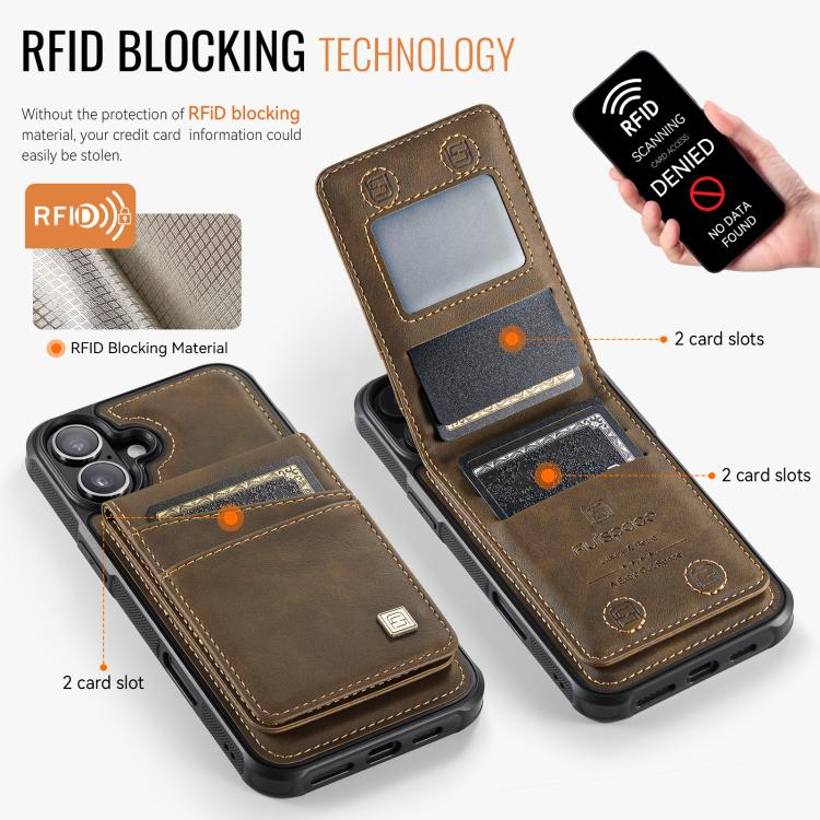 For iPhone 16 AutSpace A12 MagSafe Magnetic RFID Card Bag Phone Case(Coffee)