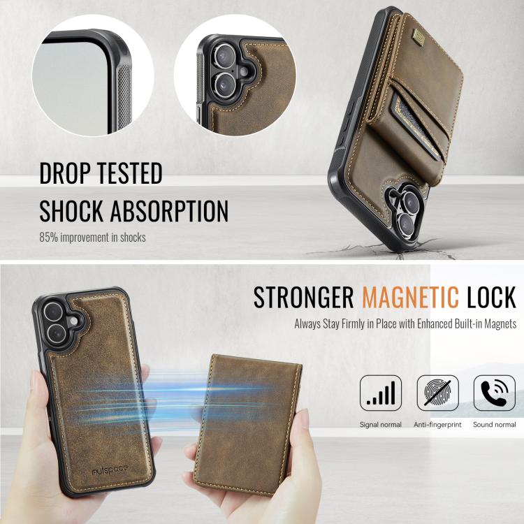 For iPhone 16 AutSpace A12 MagSafe Magnetic RFID Card Bag Phone Case(Coffee)