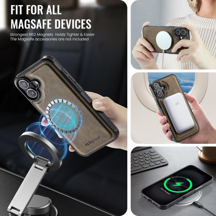 For iPhone 16 AutSpace A12 MagSafe Magnetic RFID Card Bag Phone Case(Coffee)