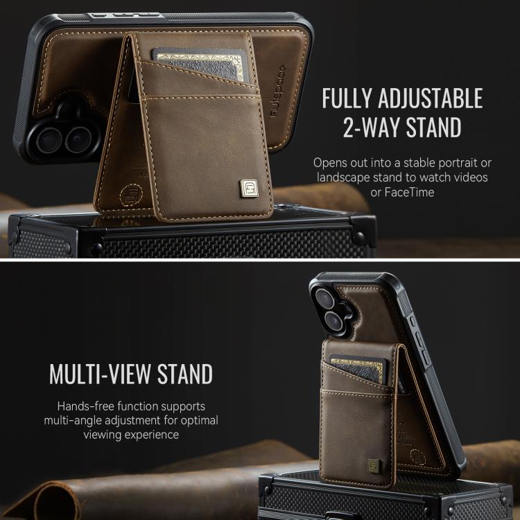 For iPhone 16 AutSpace A12 MagSafe Magnetic RFID Card Bag Phone Case(Coffee)