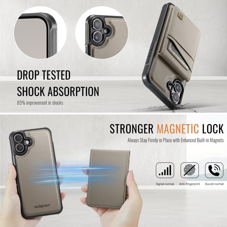 For iPhone 16 AutSpace A12 MagSafe Magnetic RFID Card Bag Phone Case(Khaki)