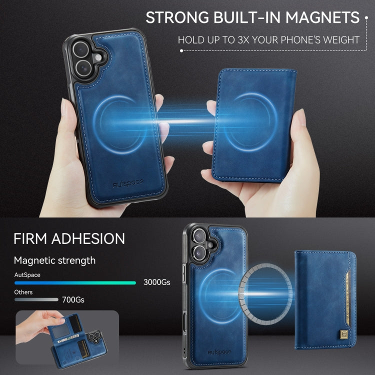 For iPhone 16 Plus AutSpace A13 MagSafe Magnetic RFID Flip Card Bag Phone Case(Blue)