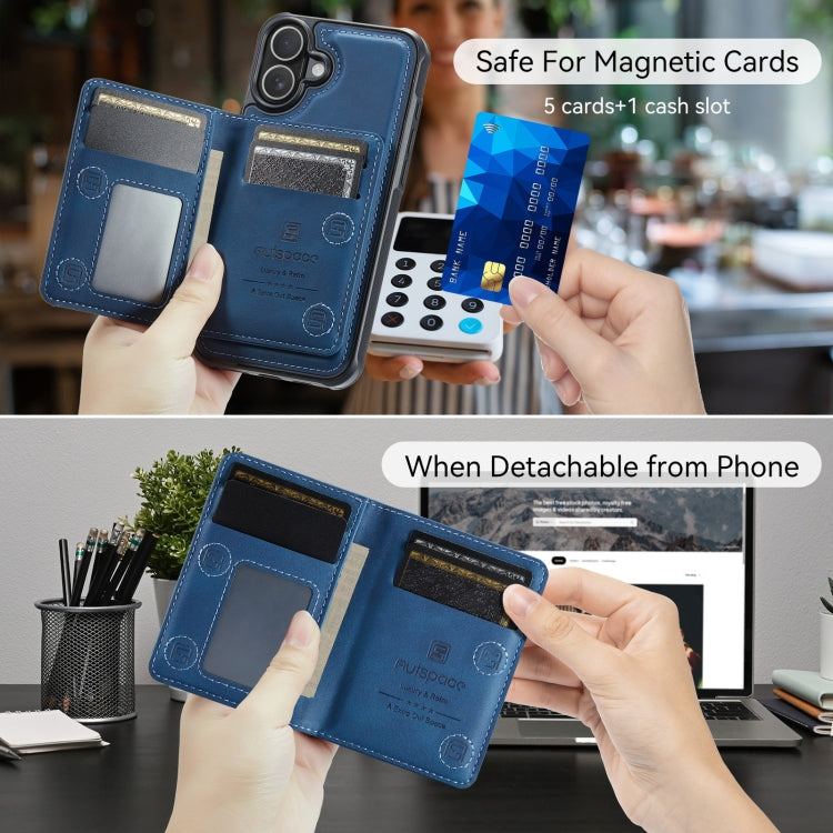For iPhone 16 Plus AutSpace A13 MagSafe Magnetic RFID Flip Card Bag Phone Case(Blue)