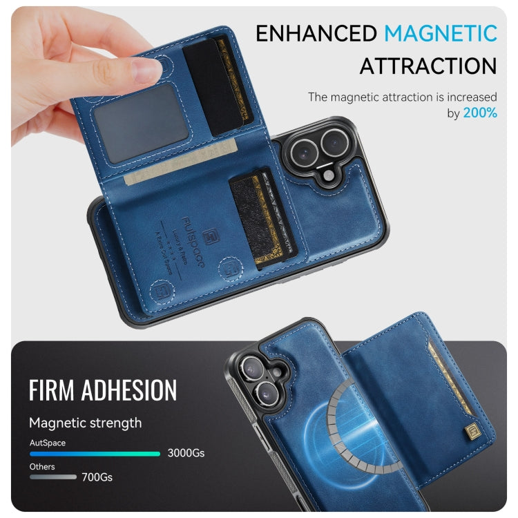 For iPhone 16 Plus AutSpace A13 MagSafe Magnetic RFID Flip Card Bag Phone Case(Blue)