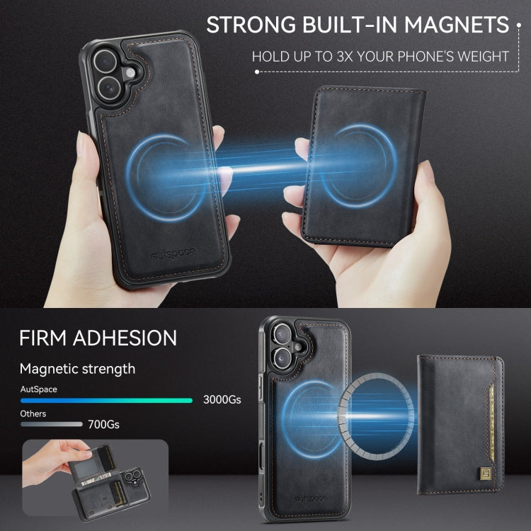 For iPhone 16 Plus AutSpace A13 MagSafe Magnetic RFID Flip Card Bag Phone Case(Black)