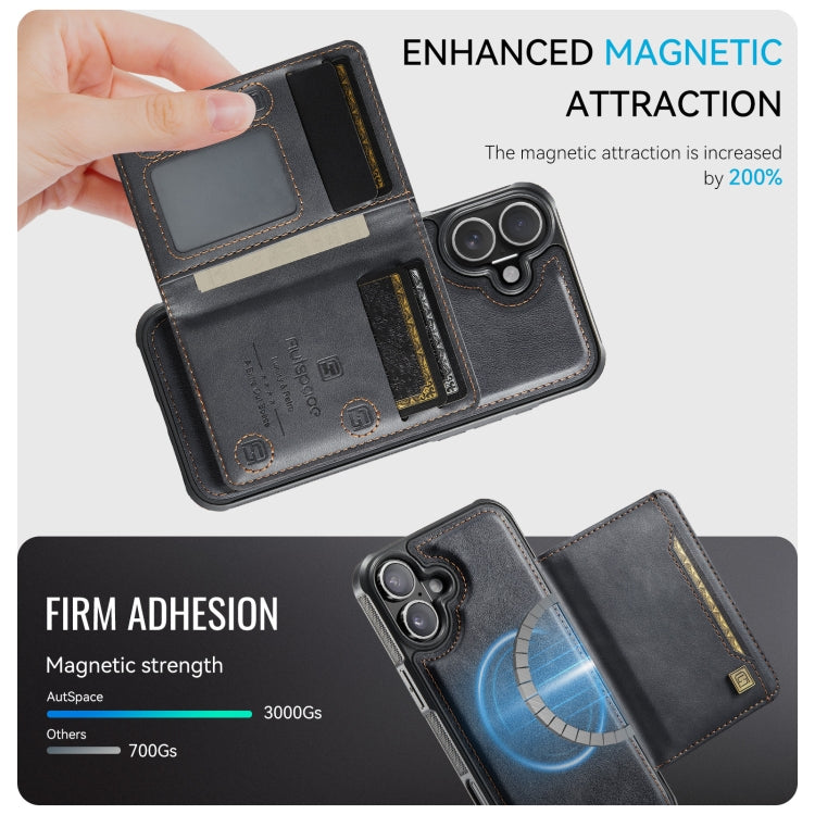 For iPhone 16 Plus AutSpace A13 MagSafe Magnetic RFID Flip Card Bag Phone Case(Black)