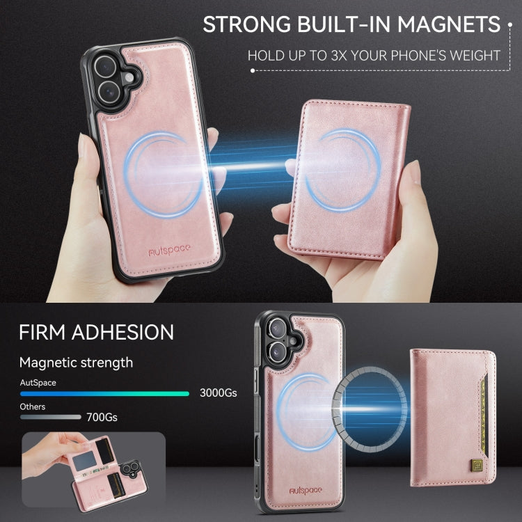 For iPhone 16 Plus AutSpace A13 MagSafe Magnetic RFID Flip Card Bag Phone Case(Rose Gold)