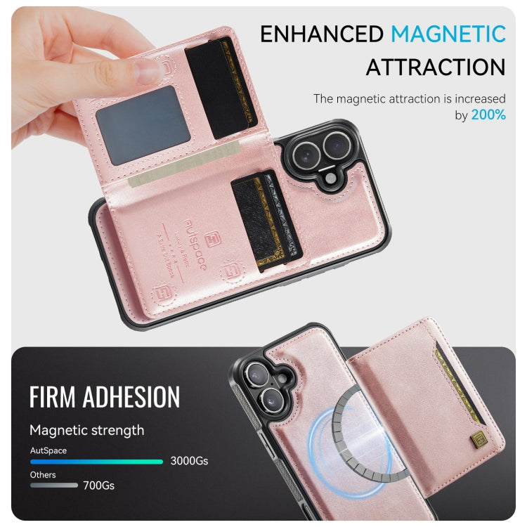 For iPhone 16 Plus AutSpace A13 MagSafe Magnetic RFID Flip Card Bag Phone Case(Rose Gold)