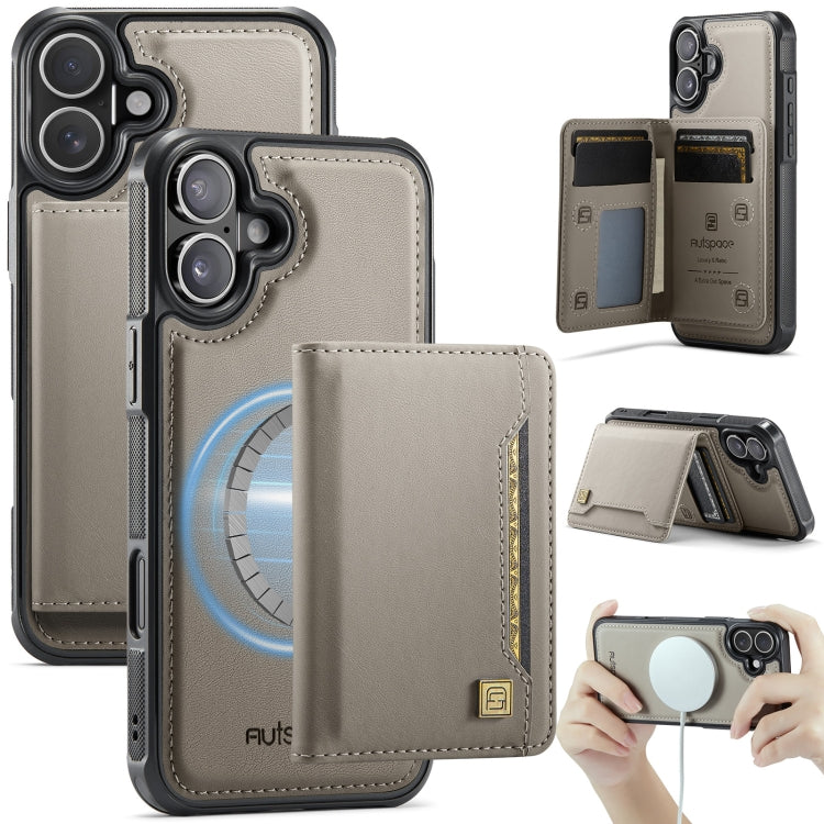 For iPhone 16 Plus AutSpace A13 MagSafe Magnetic RFID Flip Card Bag Phone Case(Grey)