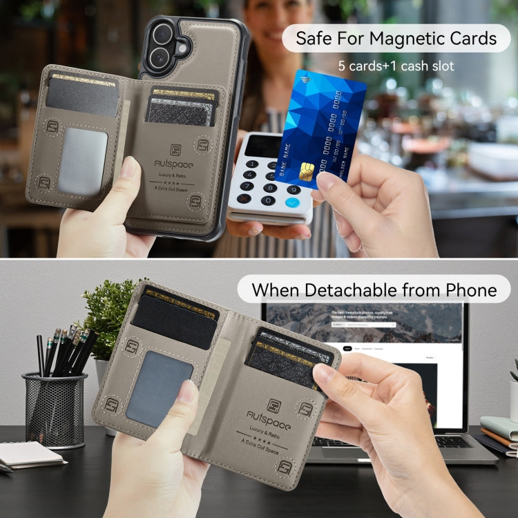 For iPhone 16 Plus AutSpace A13 MagSafe Magnetic RFID Flip Card Bag Phone Case(Grey)