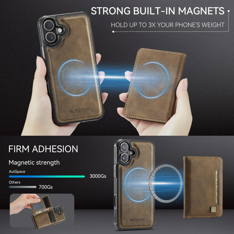 For iPhone 16 AutSpace A13 MagSafe Magnetic RFID Flip Card Bag Phone Case(Coffee)