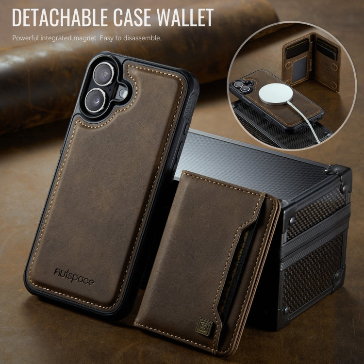 For iPhone 16 AutSpace A13 MagSafe Magnetic RFID Flip Card Bag Phone Case(Coffee)