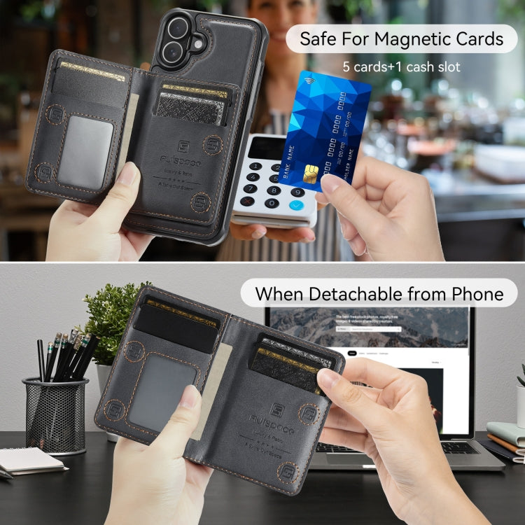 For iPhone 16 AutSpace A13 MagSafe Magnetic RFID Flip Card Bag Phone Case(Black)