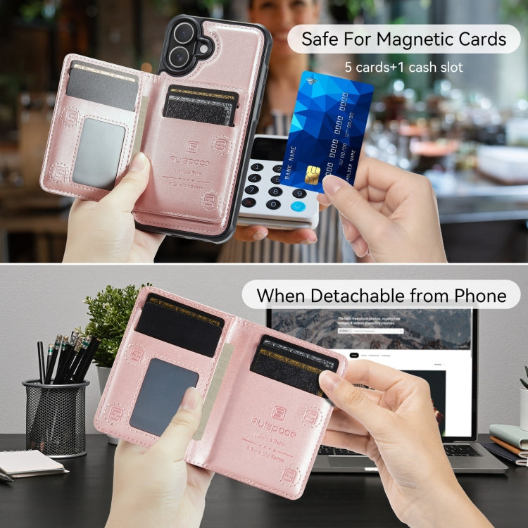 For iPhone 16 AutSpace A13 MagSafe Magnetic RFID Flip Card Bag Phone Case(Rose Gold)