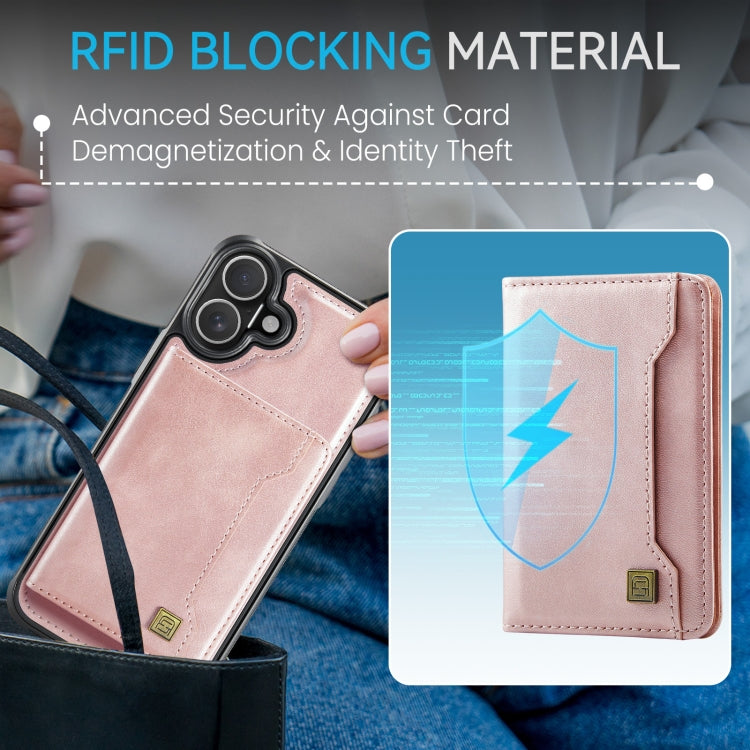 For iPhone 16 AutSpace A13 MagSafe Magnetic RFID Flip Card Bag Phone Case(Rose Gold)