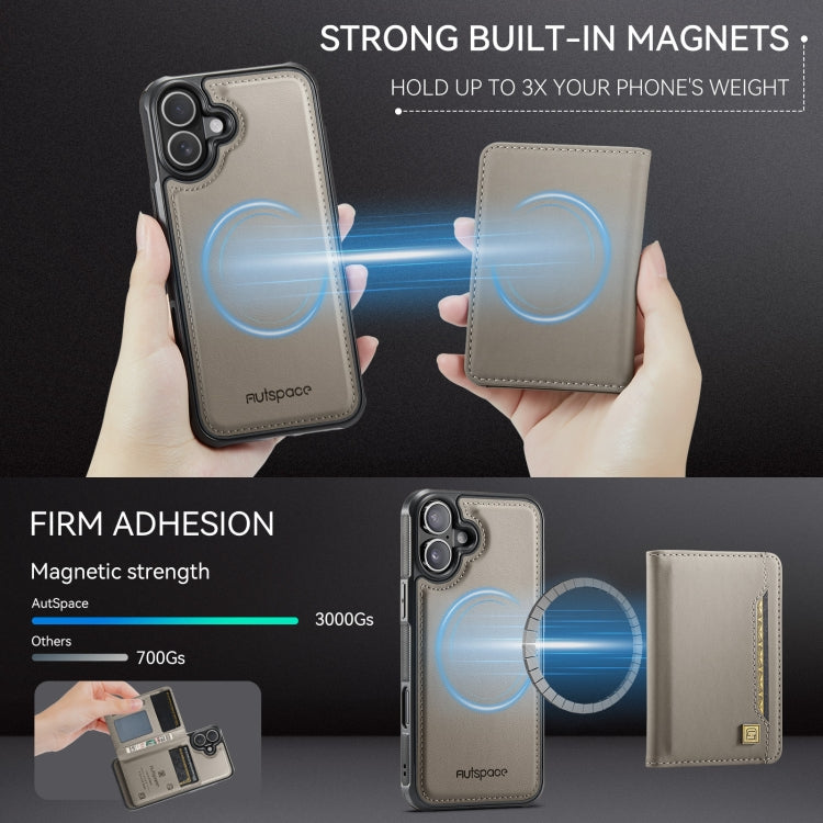 For iPhone 16 AutSpace A13 MagSafe Magnetic RFID Flip Card Bag Phone Case(Grey)