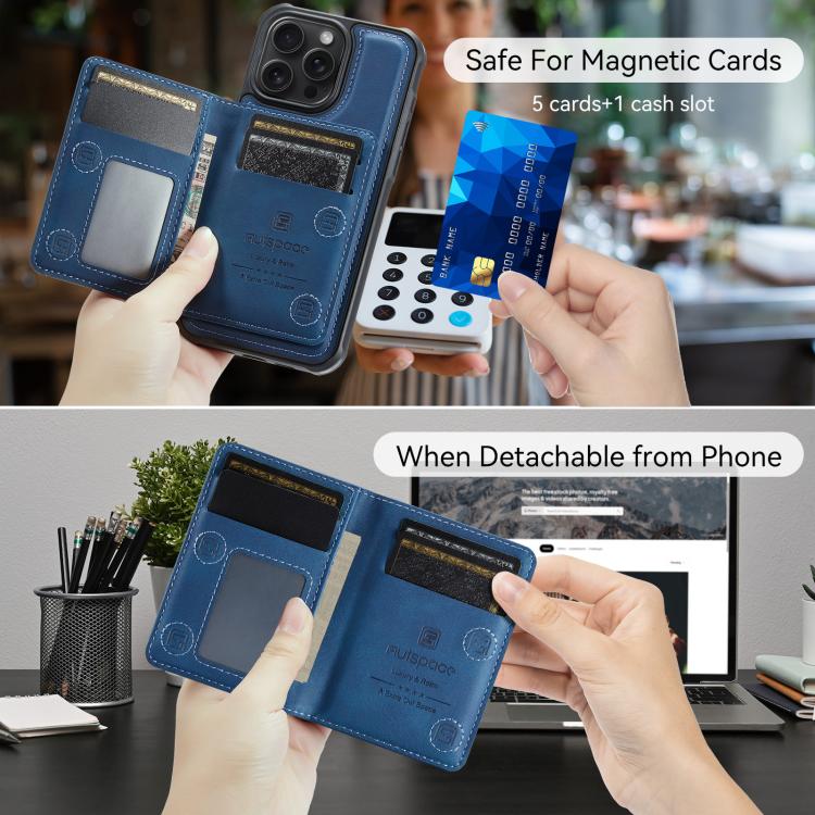 For iPhone 15 Pro Max AutSpace A13 MagSafe Magnetic RFID Flip Card Bag Phone Case(Blue)