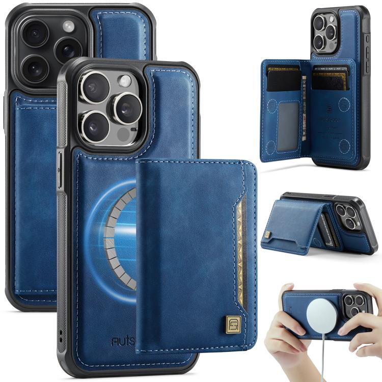 For iPhone 15 Pro AutSpace A13 MagSafe Magnetic RFID Flip Card Bag Phone Case(Blue)