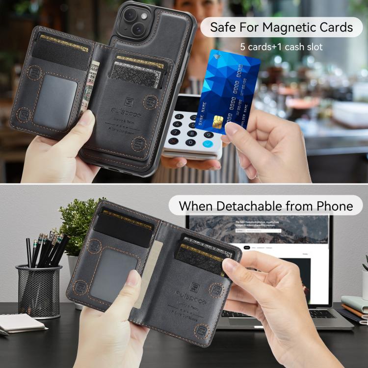 For iPhone 15 Plus AutSpace A13 MagSafe Magnetic RFID Flip Card Bag Phone Case(Black)