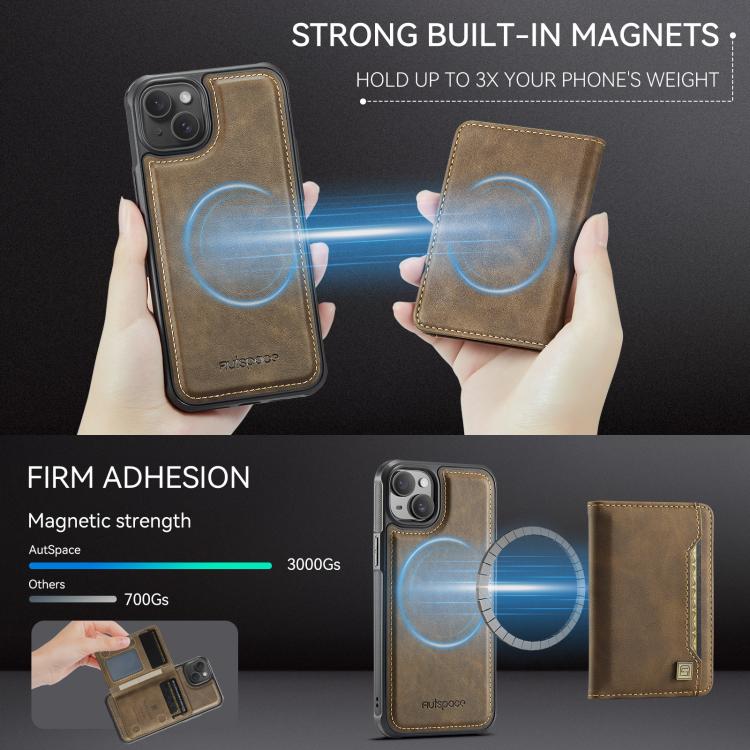 For iPhone 14 Plus AutSpace A13 MagSafe Magnetic RFID Flip Card Bag Phone Case(Coffee)