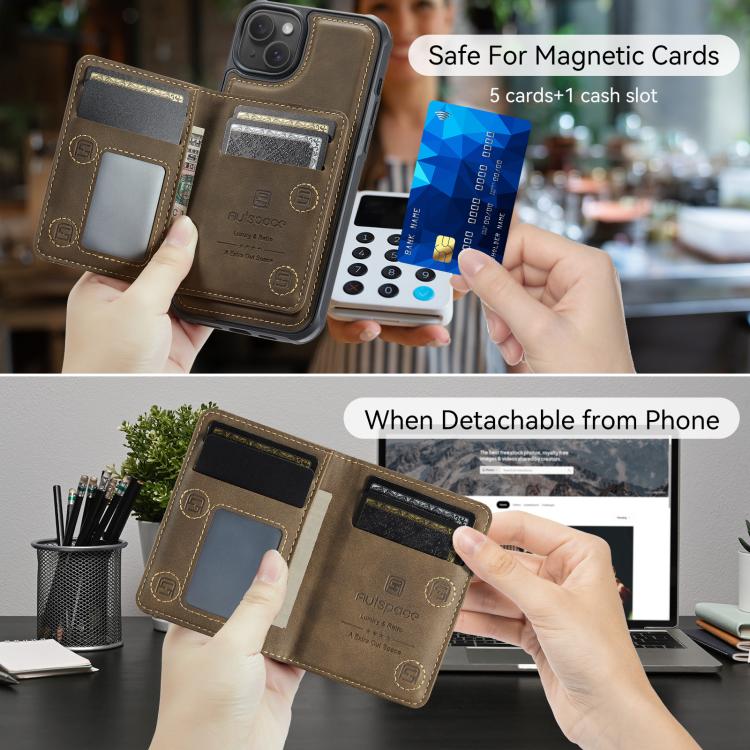 For iPhone 14 Plus AutSpace A13 MagSafe Magnetic RFID Flip Card Bag Phone Case(Coffee)