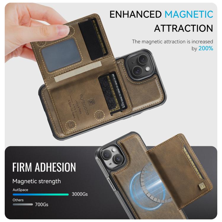 For iPhone 14 Plus AutSpace A13 MagSafe Magnetic RFID Flip Card Bag Phone Case(Coffee)