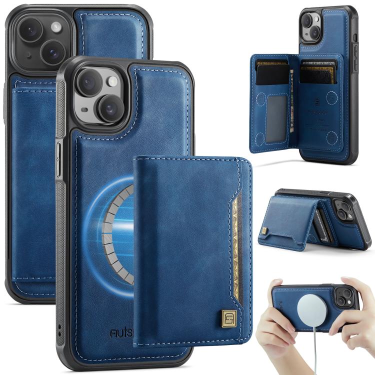 For iPhone 14 AutSpace A13 MagSafe Magnetic RFID Flip Card Bag Phone Case(Blue)