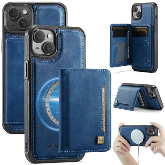 For iPhone 14 AutSpace A13 MagSafe Magnetic RFID Flip Card Bag Phone Case(Blue)