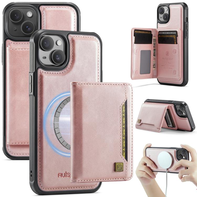 For iPhone 14 AutSpace A13 MagSafe Magnetic RFID Flip Card Bag Phone Case(Rose Gold)