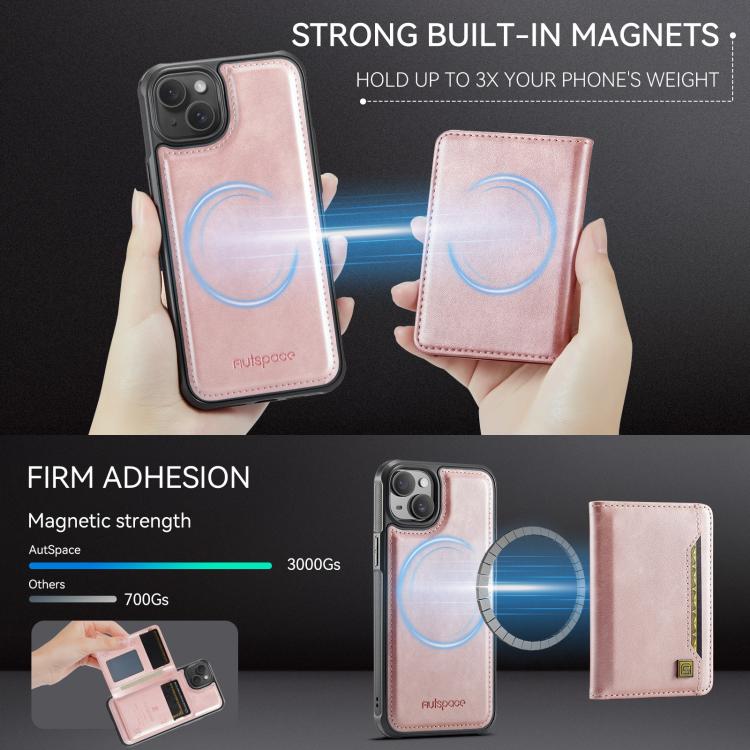 For iPhone 14 AutSpace A13 MagSafe Magnetic RFID Flip Card Bag Phone Case(Rose Gold)