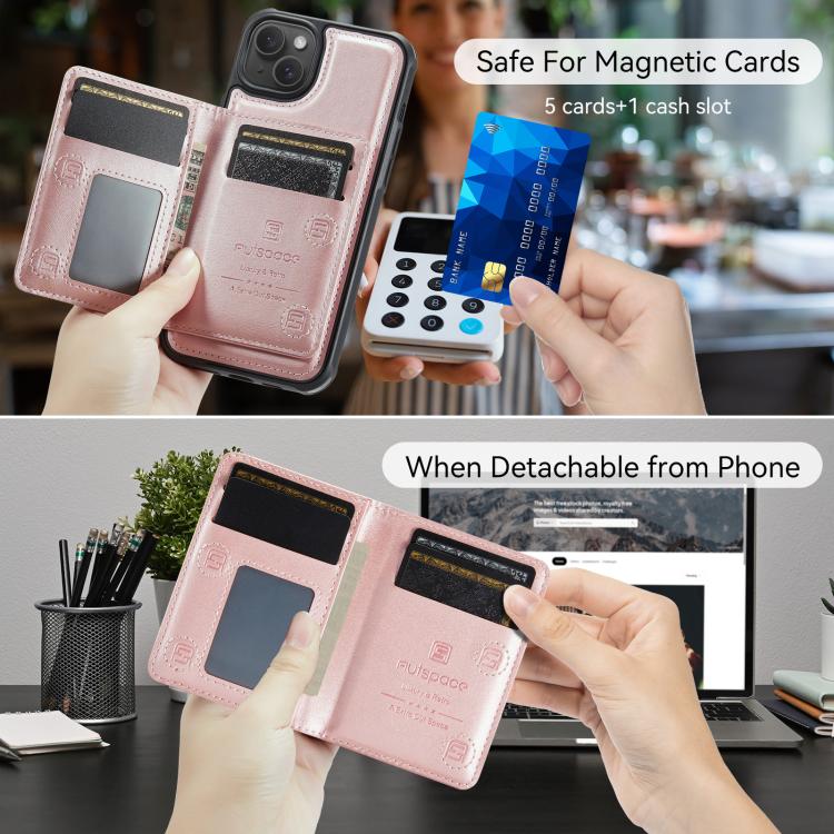 For iPhone 14 AutSpace A13 MagSafe Magnetic RFID Flip Card Bag Phone Case(Rose Gold)