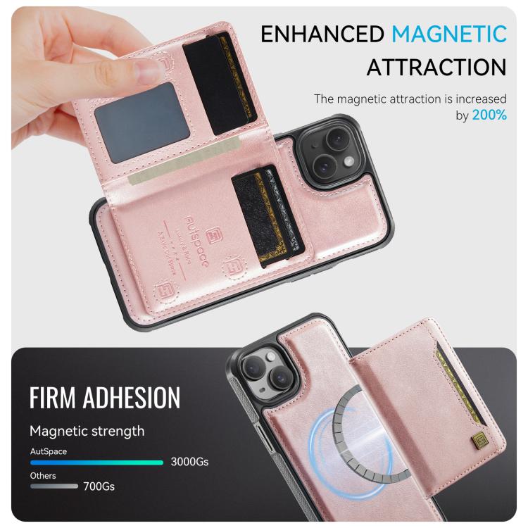 For iPhone 14 AutSpace A13 MagSafe Magnetic RFID Flip Card Bag Phone Case(Rose Gold)