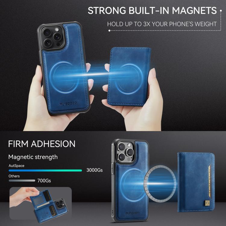 For iPhone 14 Pro Max AutSpace A13 MagSafe Magnetic RFID Flip Card Bag Phone Case(Blue)