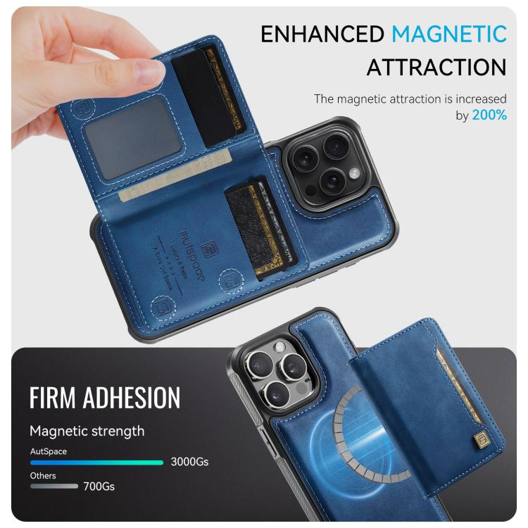 For iPhone 14 Pro Max AutSpace A13 MagSafe Magnetic RFID Flip Card Bag Phone Case(Blue)