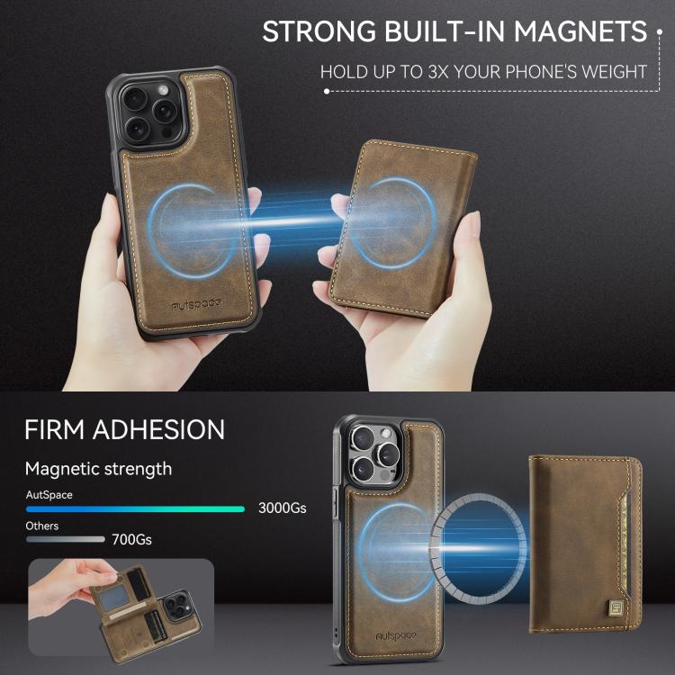 For iPhone 14 Pro Max AutSpace A13 MagSafe Magnetic RFID Flip Card Bag Phone Case(Coffee)