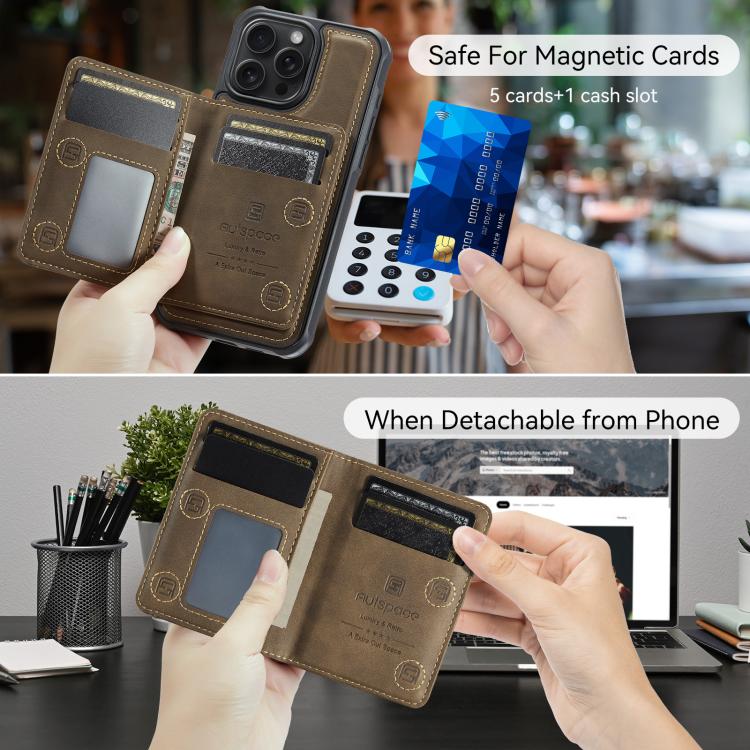 For iPhone 14 Pro Max AutSpace A13 MagSafe Magnetic RFID Flip Card Bag Phone Case(Coffee)
