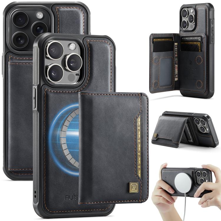 For iPhone 14 Pro Max AutSpace A13 MagSafe Magnetic RFID Flip Card Bag Phone Case(Black)