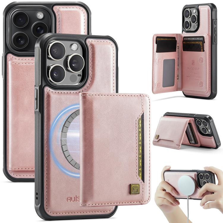 For iPhone 14 Pro Max AutSpace A13 MagSafe Magnetic RFID Flip Card Bag Phone Case(Rose Gold)