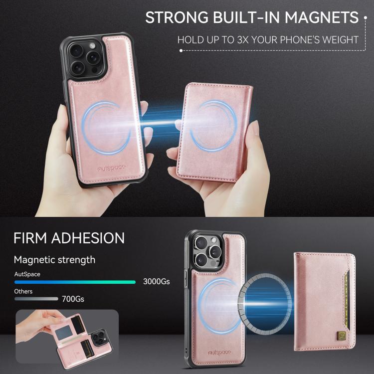 For iPhone 14 Pro Max AutSpace A13 MagSafe Magnetic RFID Flip Card Bag Phone Case(Rose Gold)